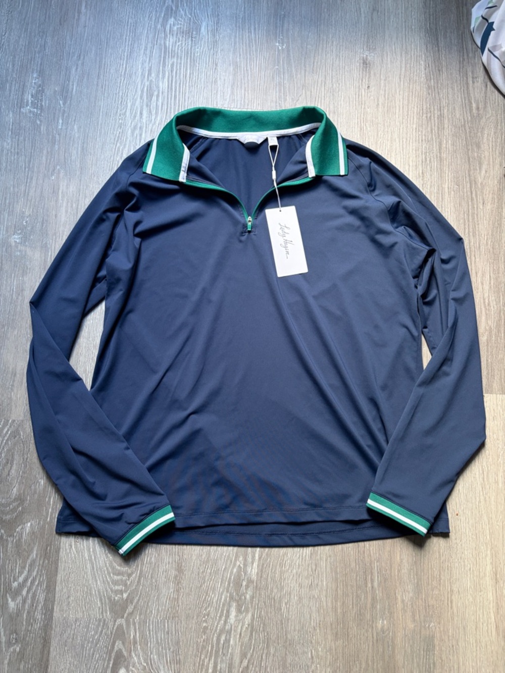 Lady Hagen Quarter Zip Pullover Navy Polo with Green Collar and White Piping, XL